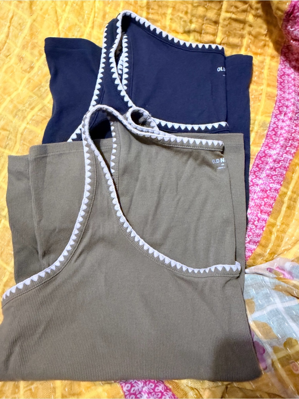 Old Navy Olive Green and Navy Ribbed Tank Tops with Contrast Trim